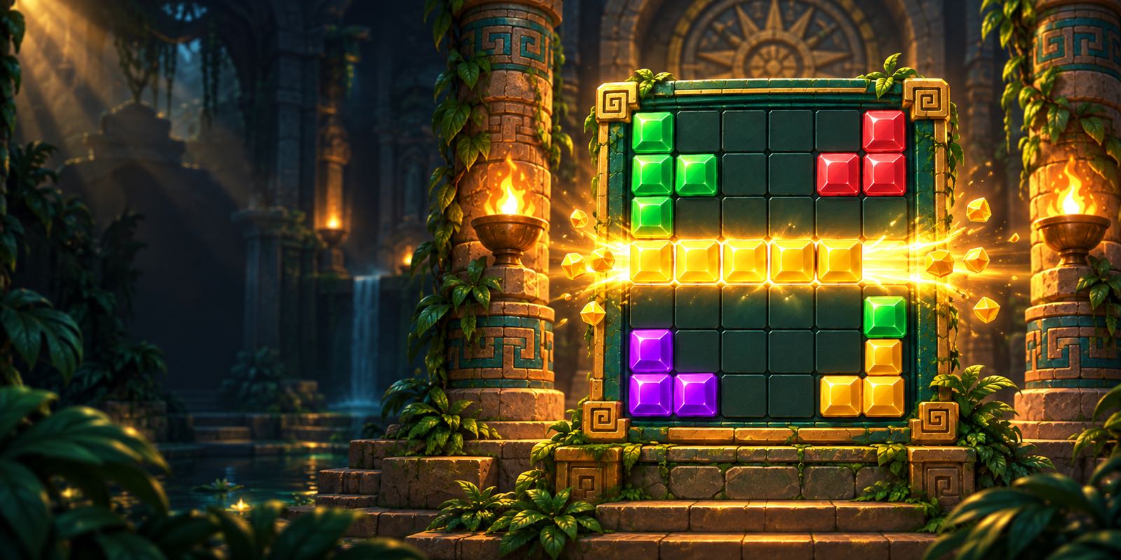 Glowing jewel blocks on a jade board inside a torch-lit jungle temple.
