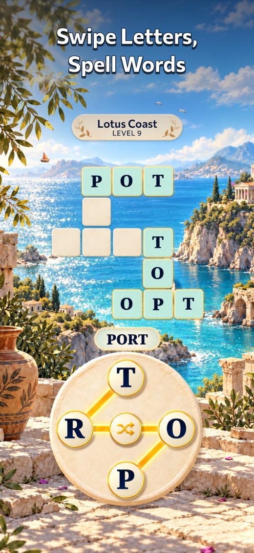 Swiping the letters P, O, R, T on the wheel to spell PORT.