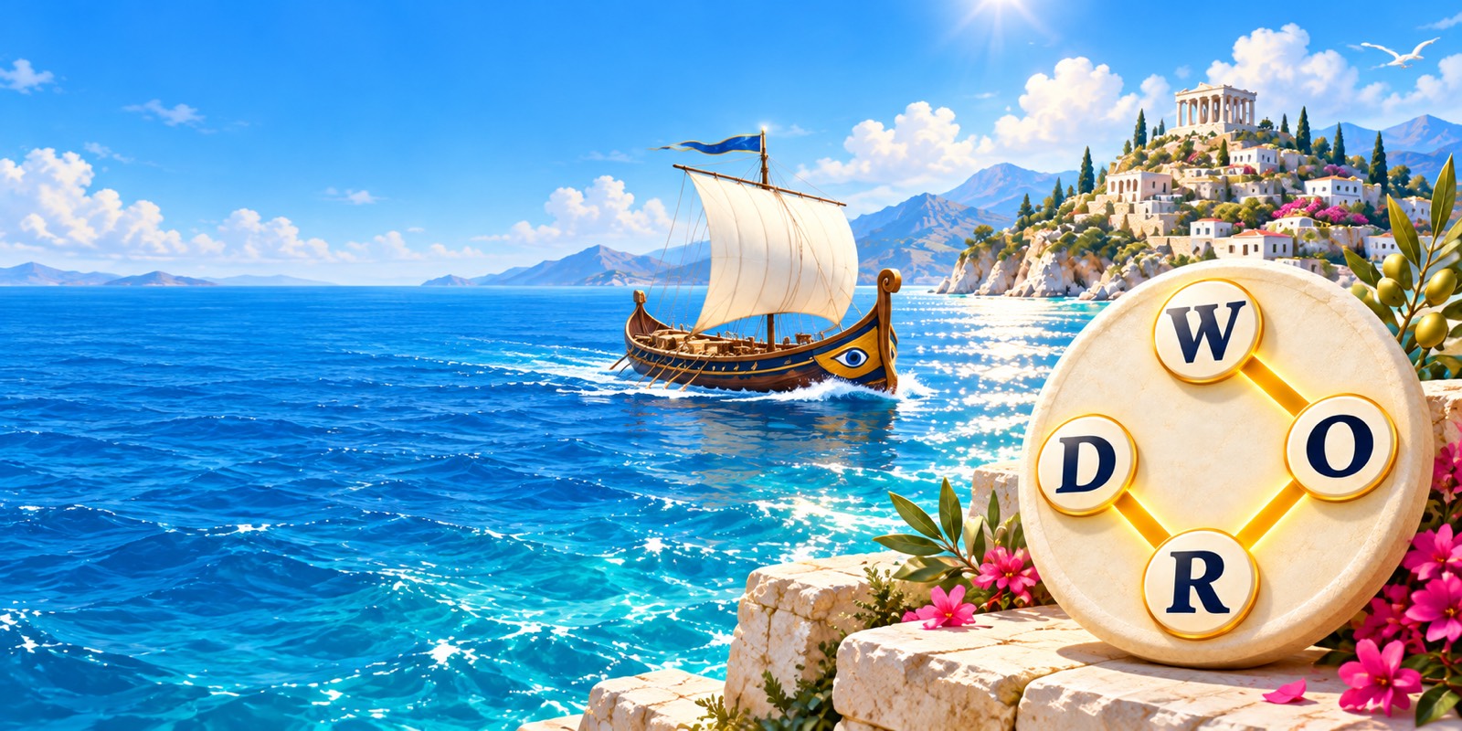 A Greek ship sails toward a white island town beside a stone letter wheel spelling WORD.